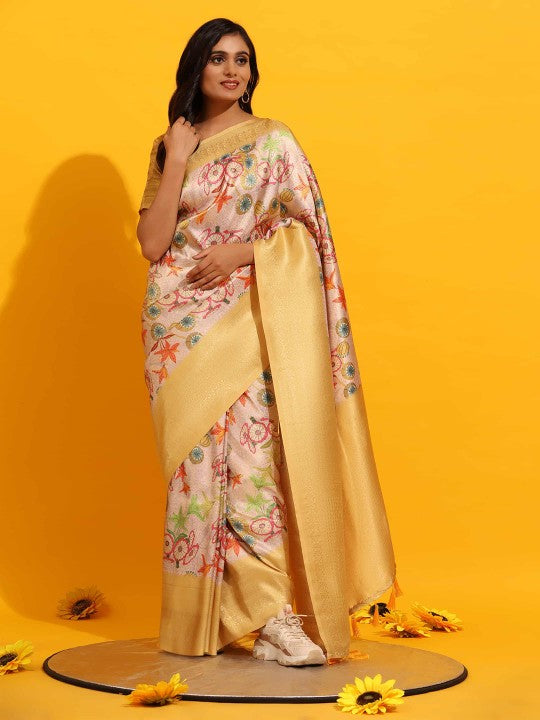 Golden Party Wear Silk Saree Fancy Digital Print With Traditional Touch