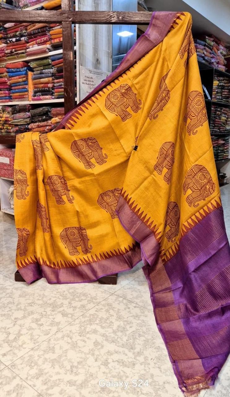 Mustard Soft Silk Saree Traditional Handprinted With Kanchi Pallu