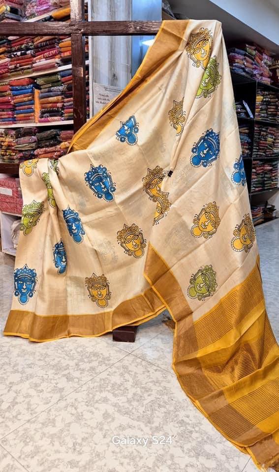 Traditional Soft Silk Saree Yellow Fancy Handprint With Kanchi Pallu