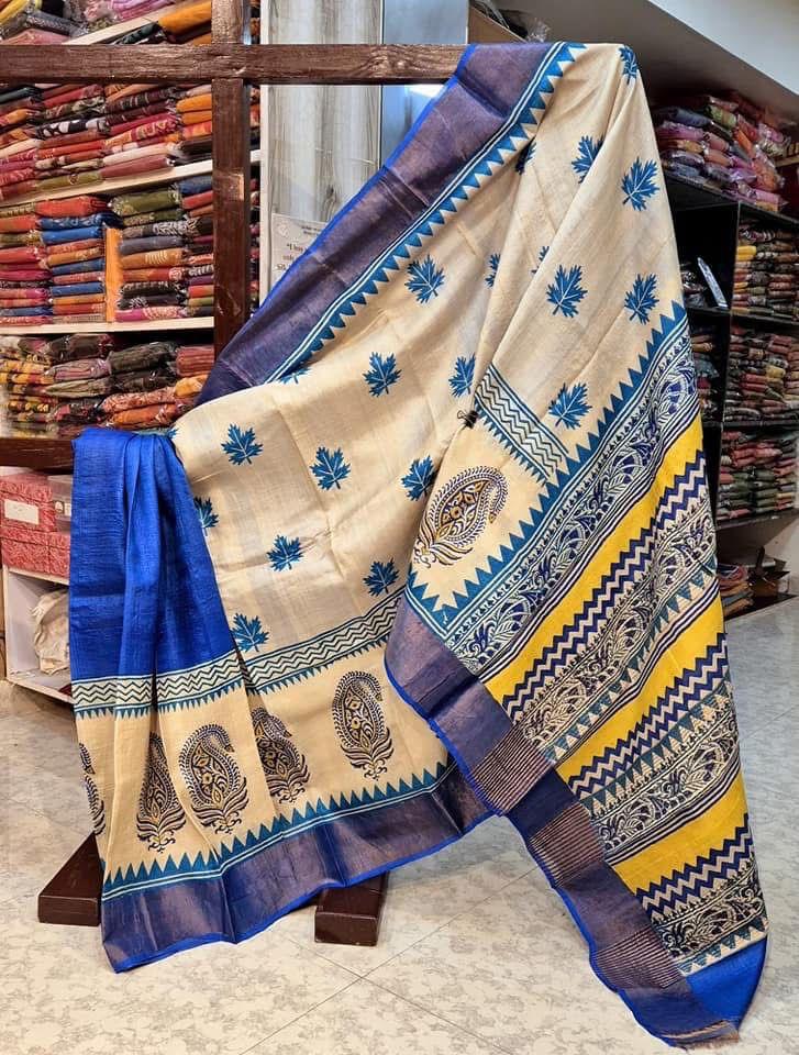 Elegant Blue Kanchi Pallu Saree Soft Silk With Handprint Detailing