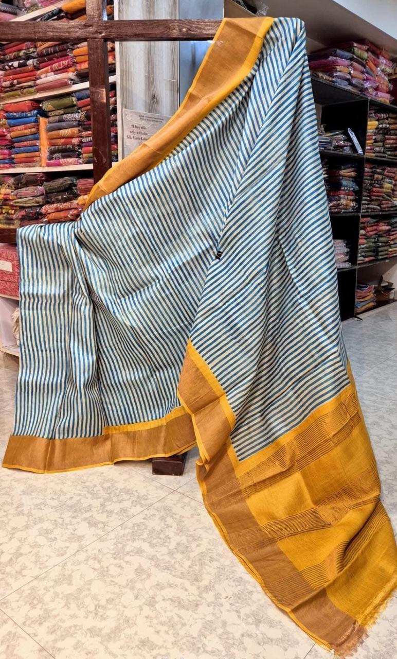 Timeless Beauty: Blue Tussar Handprint Sarees Adorned with Kanchi Pallu