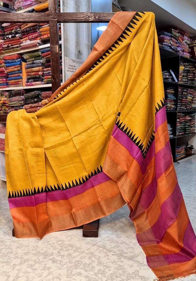 Tussar Handprint Sarees with Kanchi Pallu in Mustard