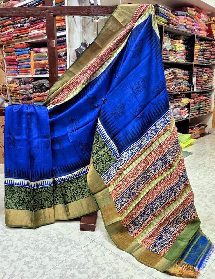 Royal Blue Traditional Silk Saree Kanchi Pallu And Fancy Handprint Art