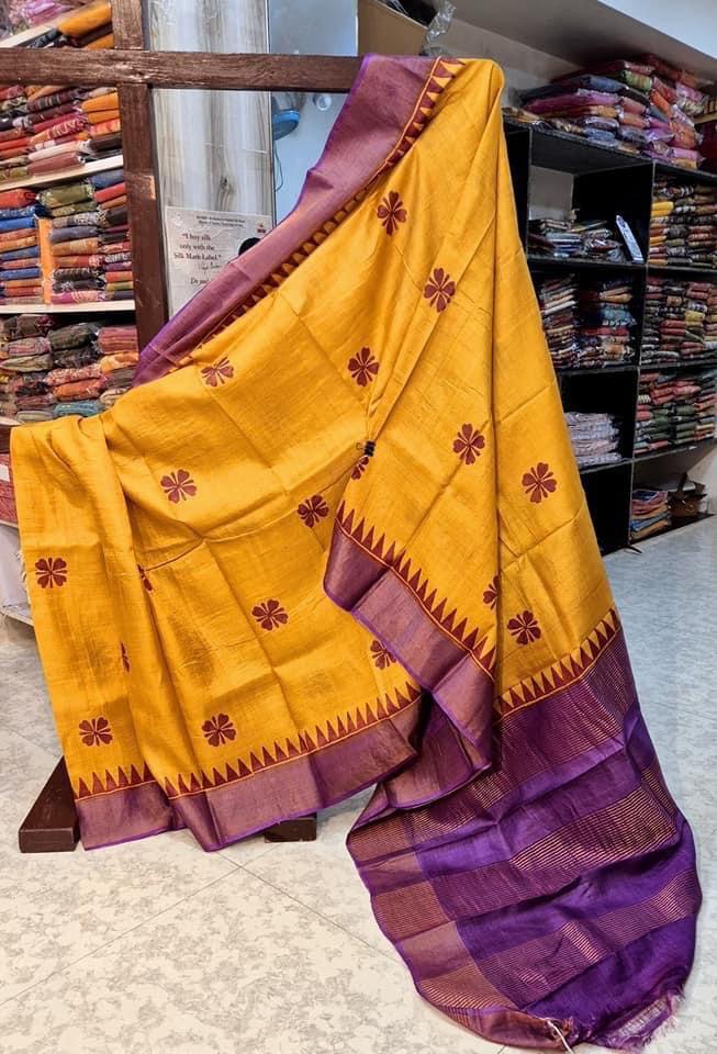 Golden Grace: Mustard Tussar Handprint Sarees with Kanchi Pallu
