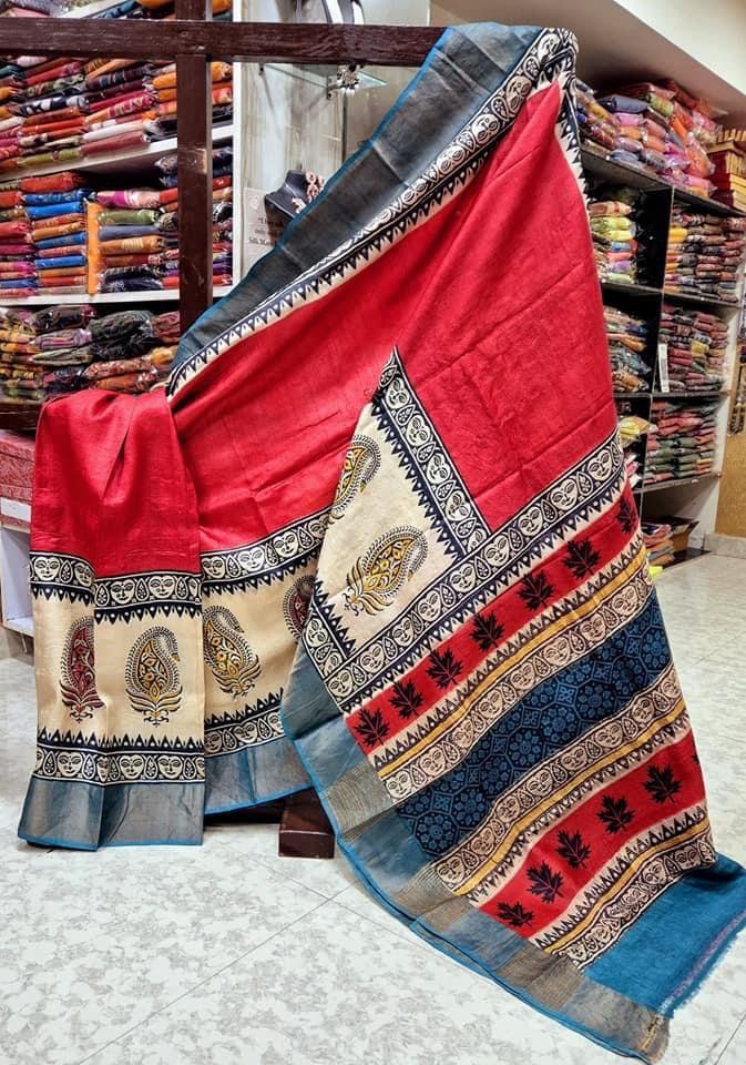 Elegant Printed Silk Saree Red Soft Fabric With Traditional Pallu