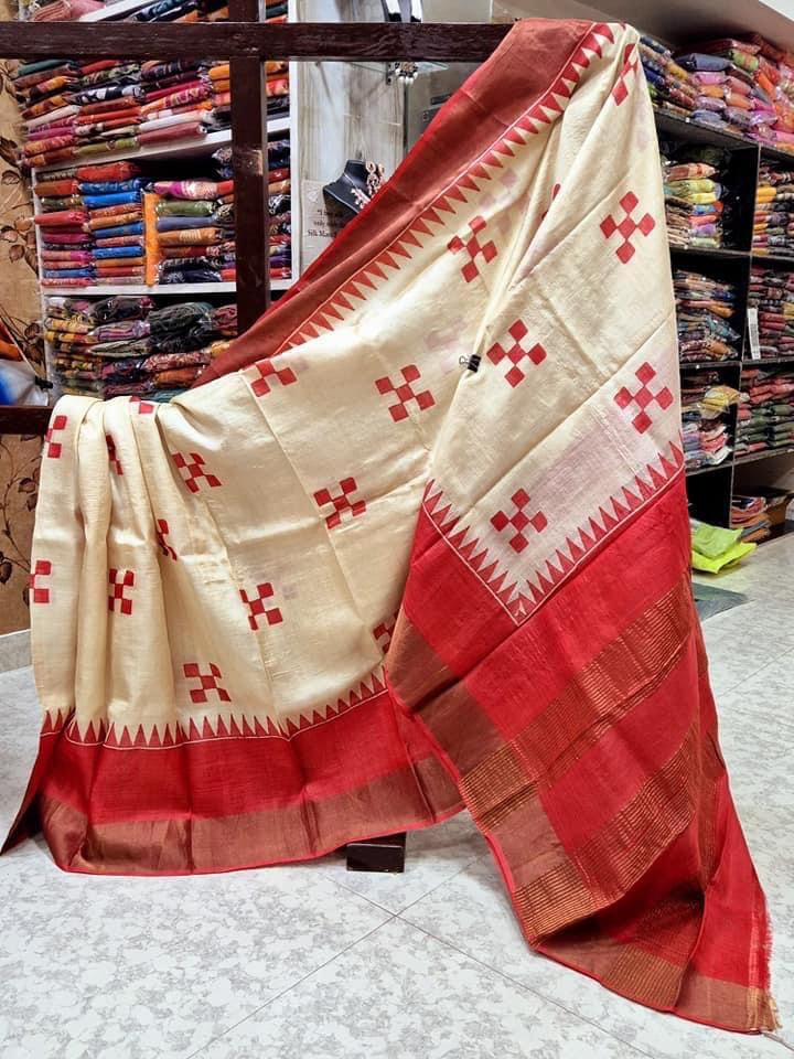 Tussar Handprint Sarees with Kanchi Pallu in Red&White