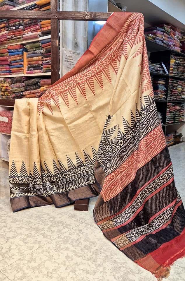 Ethereal Elegance: Cream Tussar Handprint Sarees with Kanchi Pallu