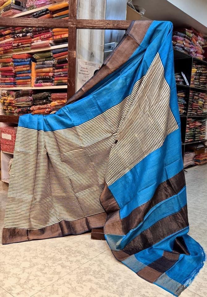 Sky Blue Soft Silk Ethnic Saree Handprinted With Rich Kanchi Pallu