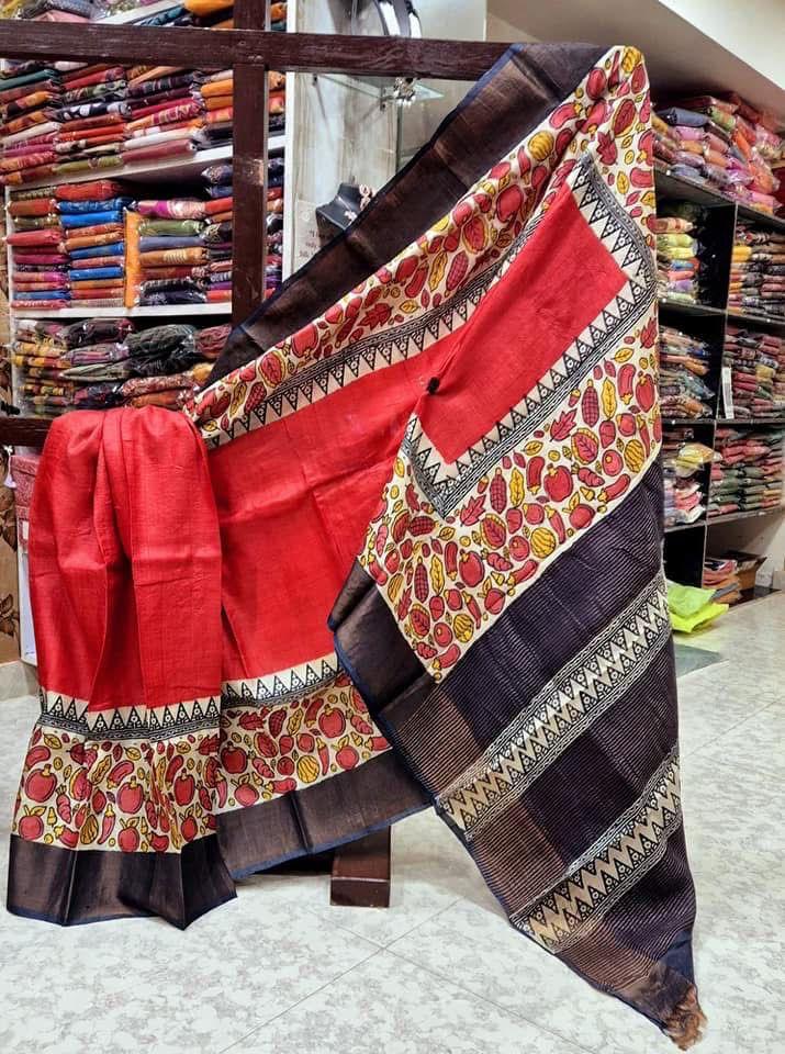 Red Printed Soft Silk Saree Kanchi Pallu And Ethnic Hand Work