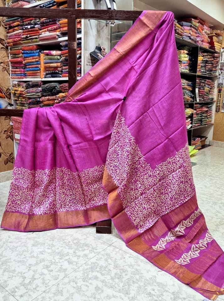 Tussar Handprint Sarees with Kanchi Pallu in Purple