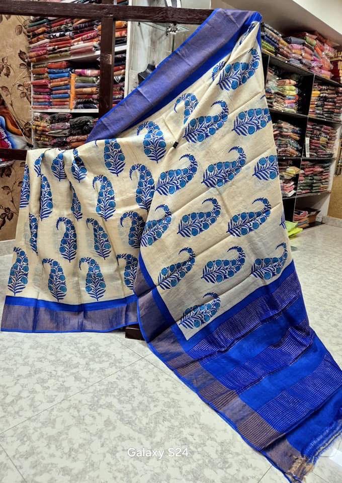 Royal Elegance: Blue Tussar Handprint Sarees with Kanchi Pallu