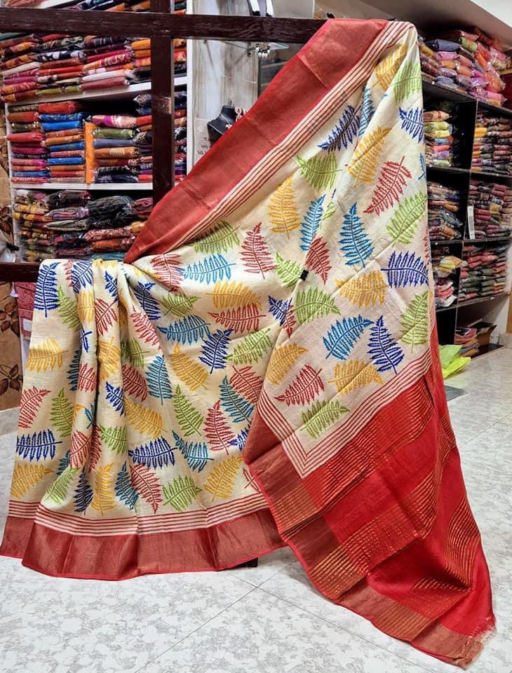 Tussar Handprint Sarees with Kanchi Pallu in Multicolor