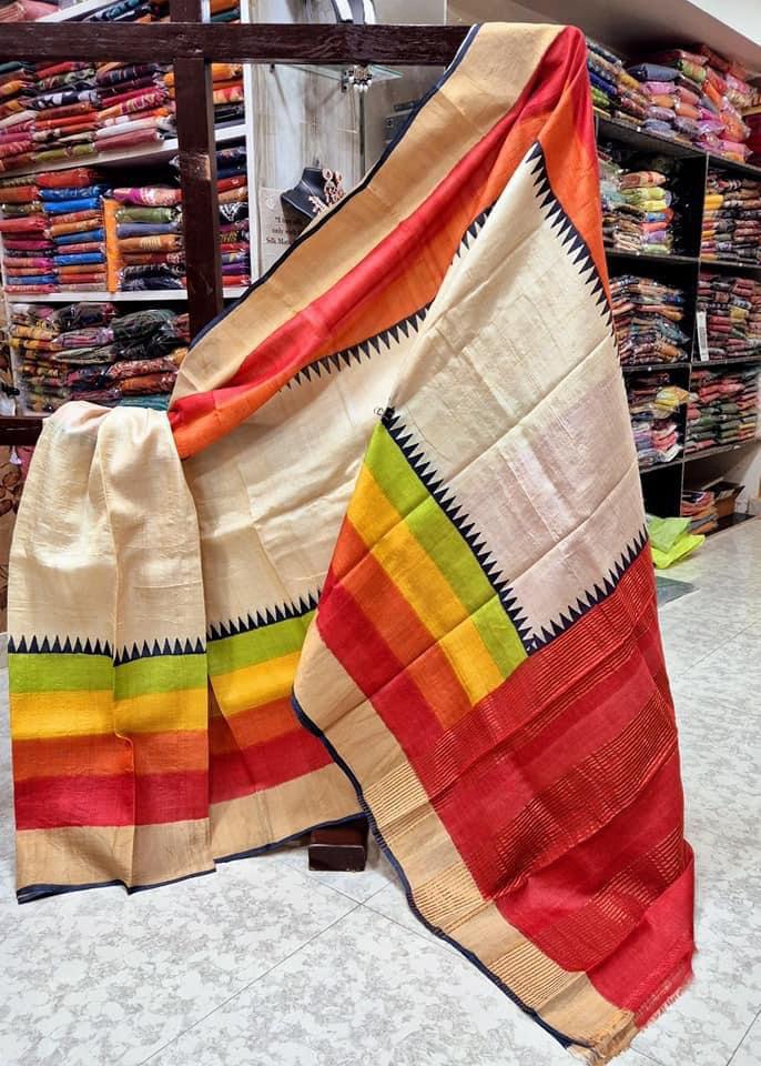 Tussar Handprint Sarees with Kanchi Pallu in off white