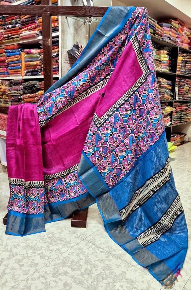 Magenta Festival Silk Saree Handprinted Soft Kanchi Pallu Design