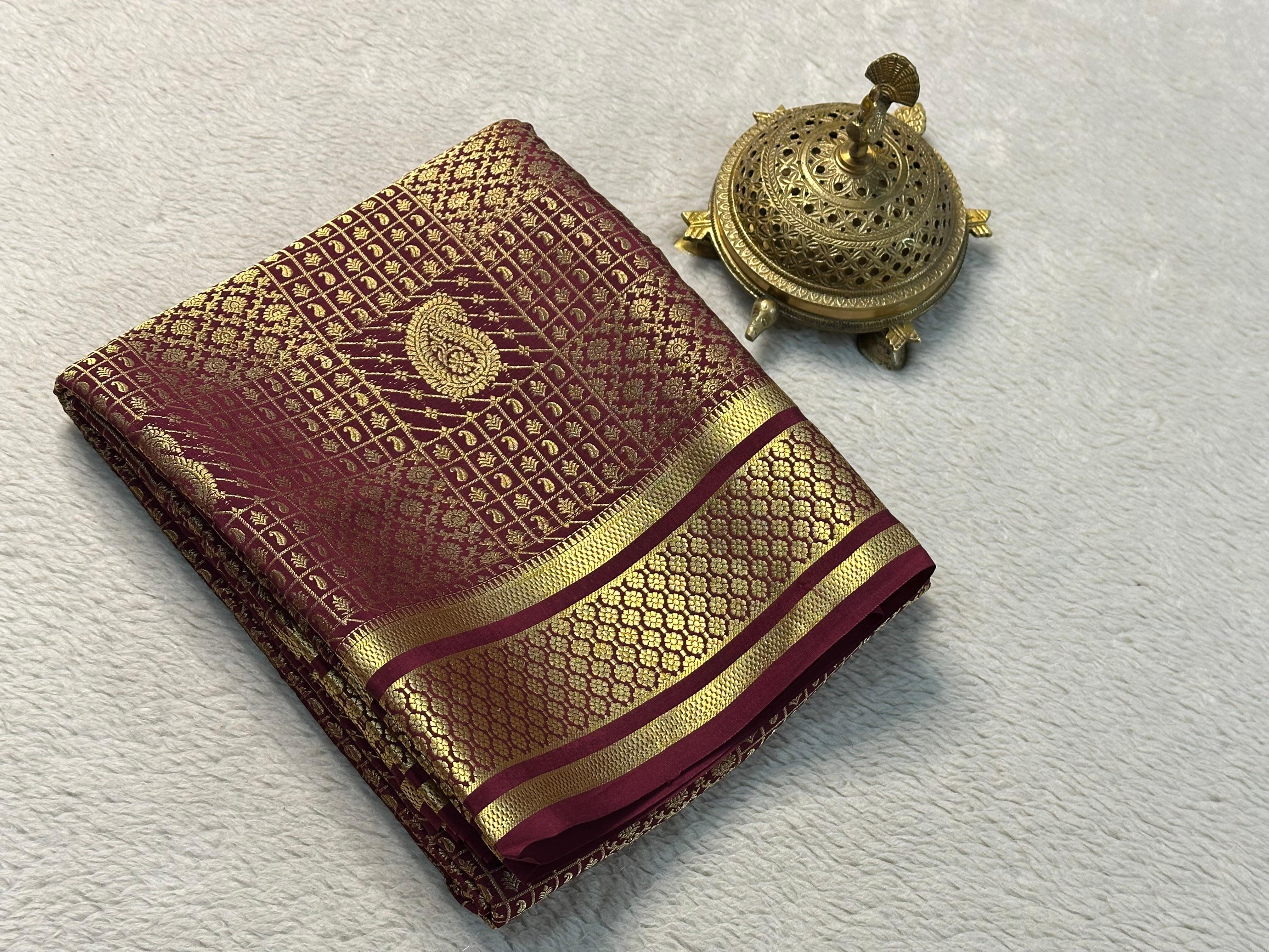 Royal Charm: Stunning Brocade Silk Saree in Wine