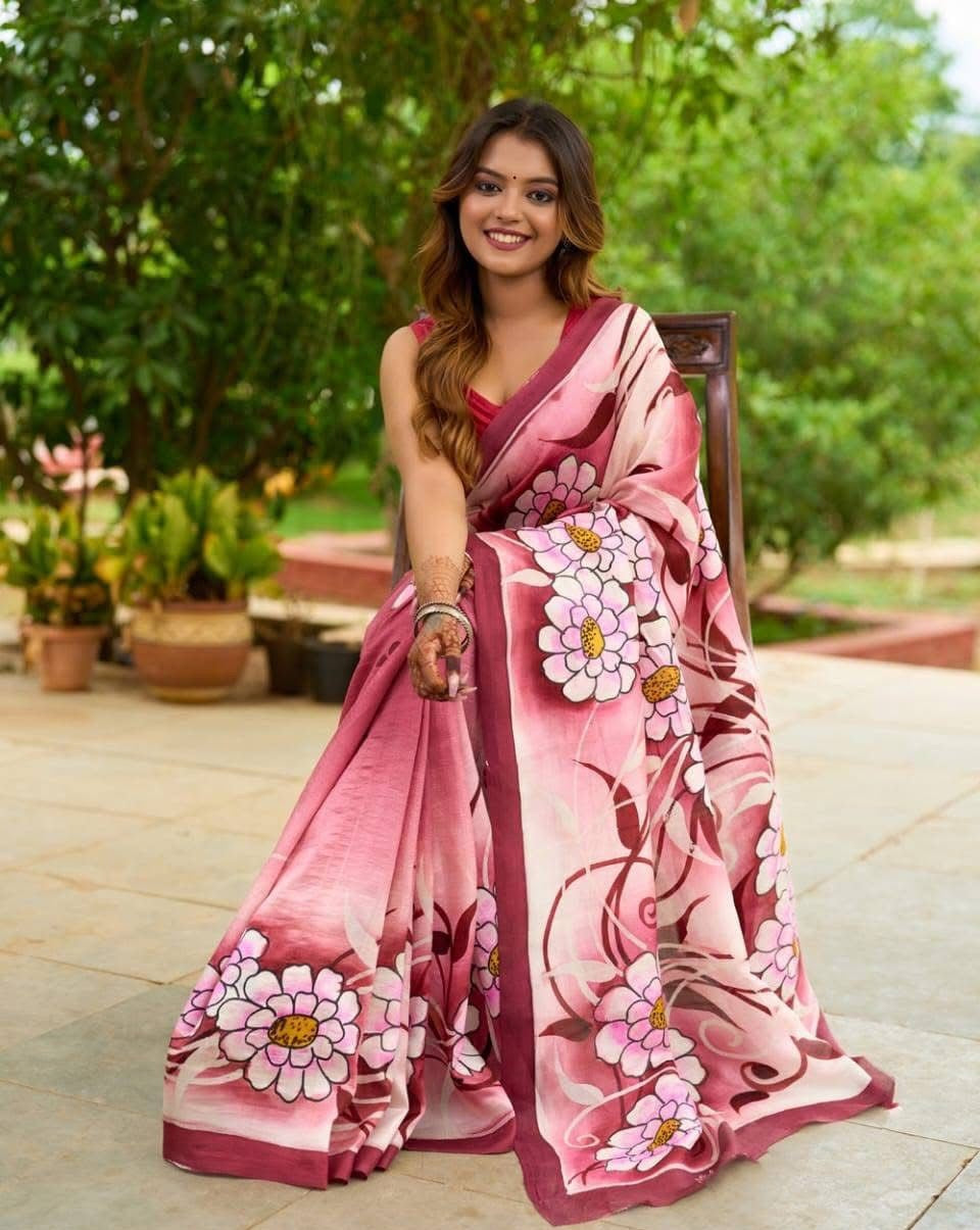Premium Fancy Floral Print Saree In Pure Silk Perfect For Celebrations
