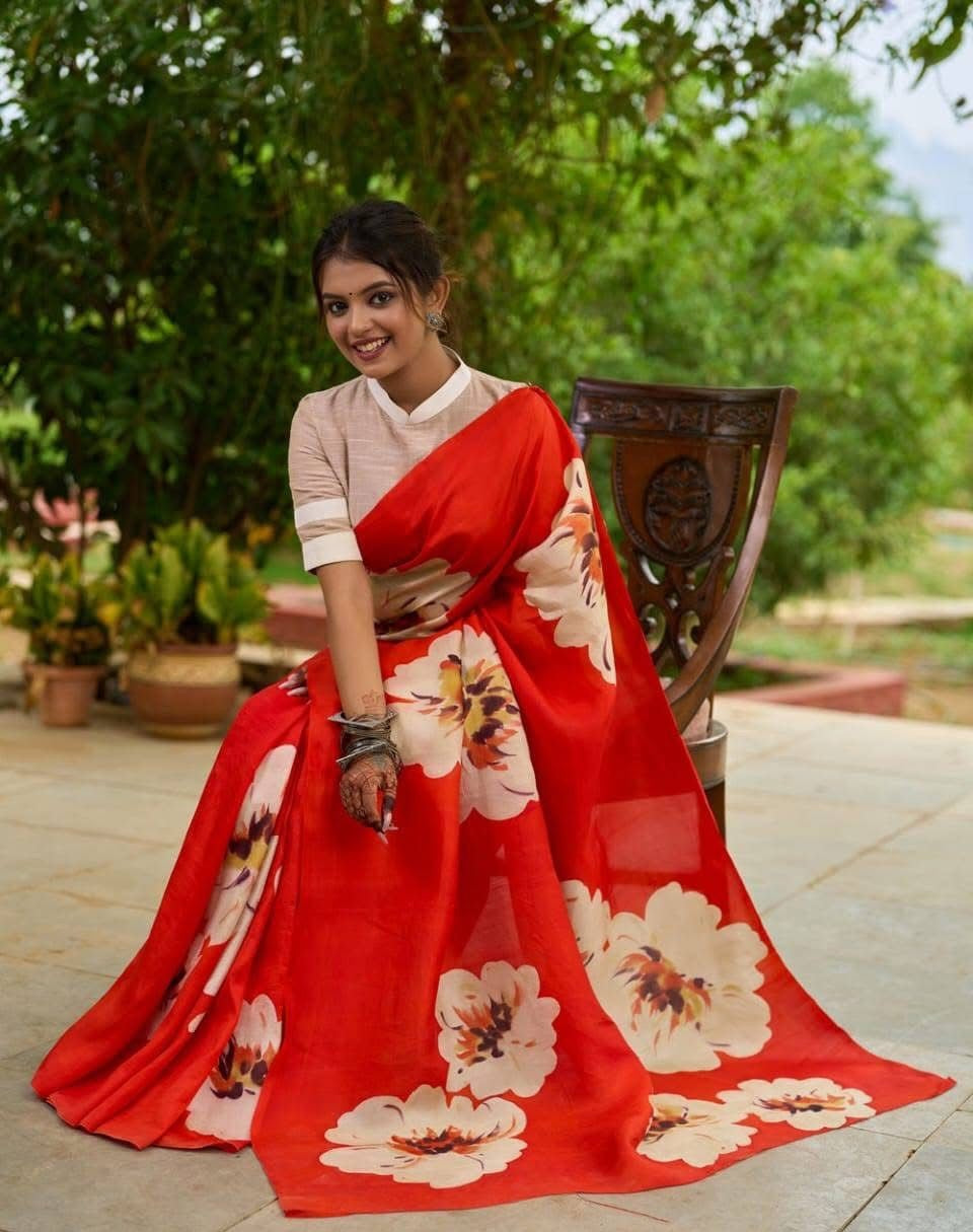 Maroon Pure Silk Designer Saree With Artistic Floral Print Fancy Party Wear