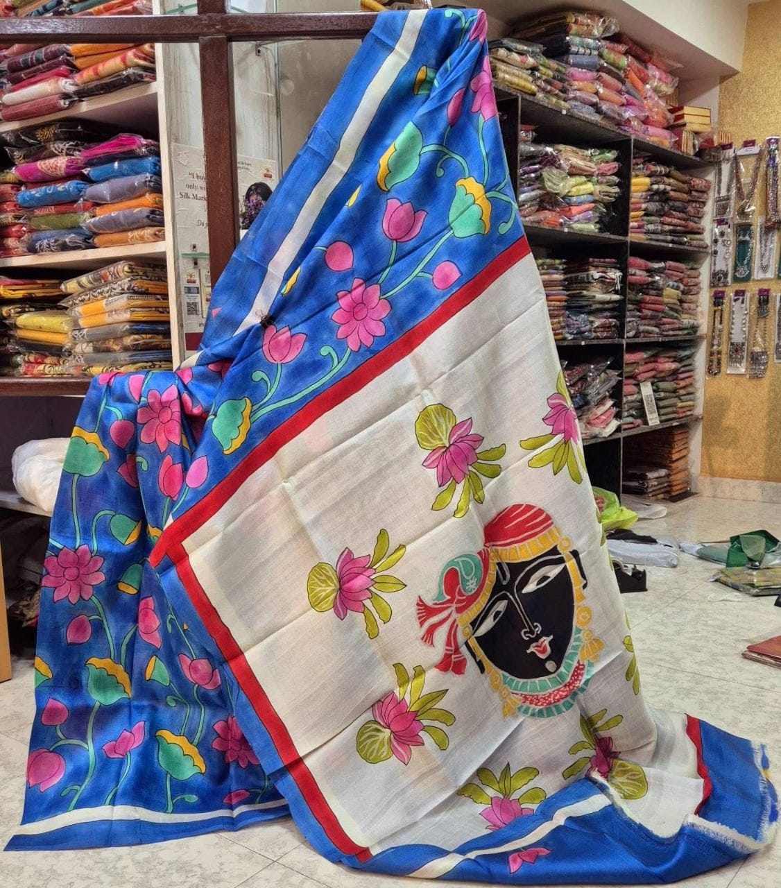 Lovely Blue Traditional Tussar Handprint Kanchi Pallu Saree