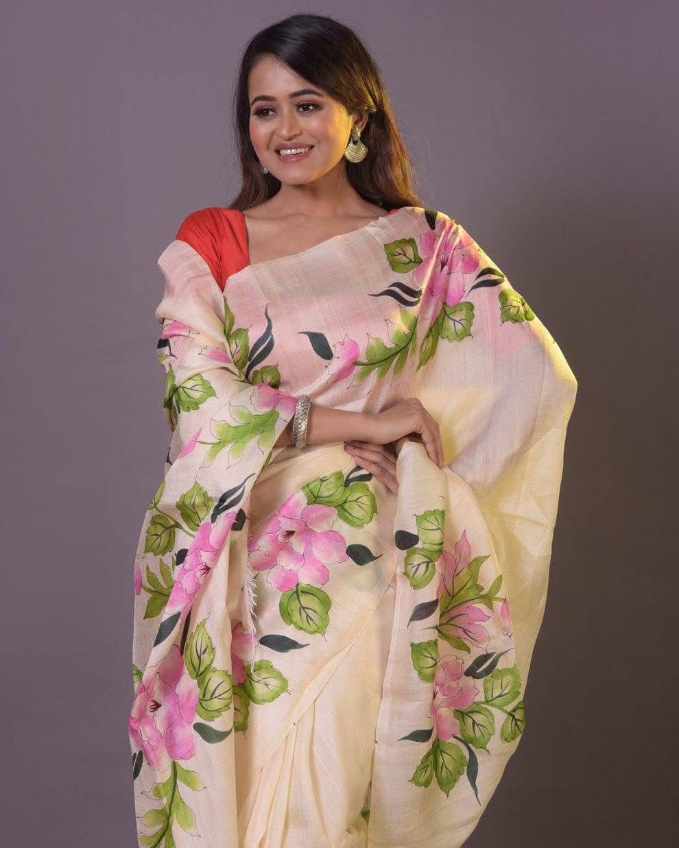 Beige Traditional Handprint Silk Saree Lightweight Pure Fabric Elegance