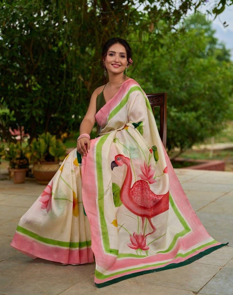Elegant Pure Silk Saree With Traditional Handprint Motifs For Festive Wear