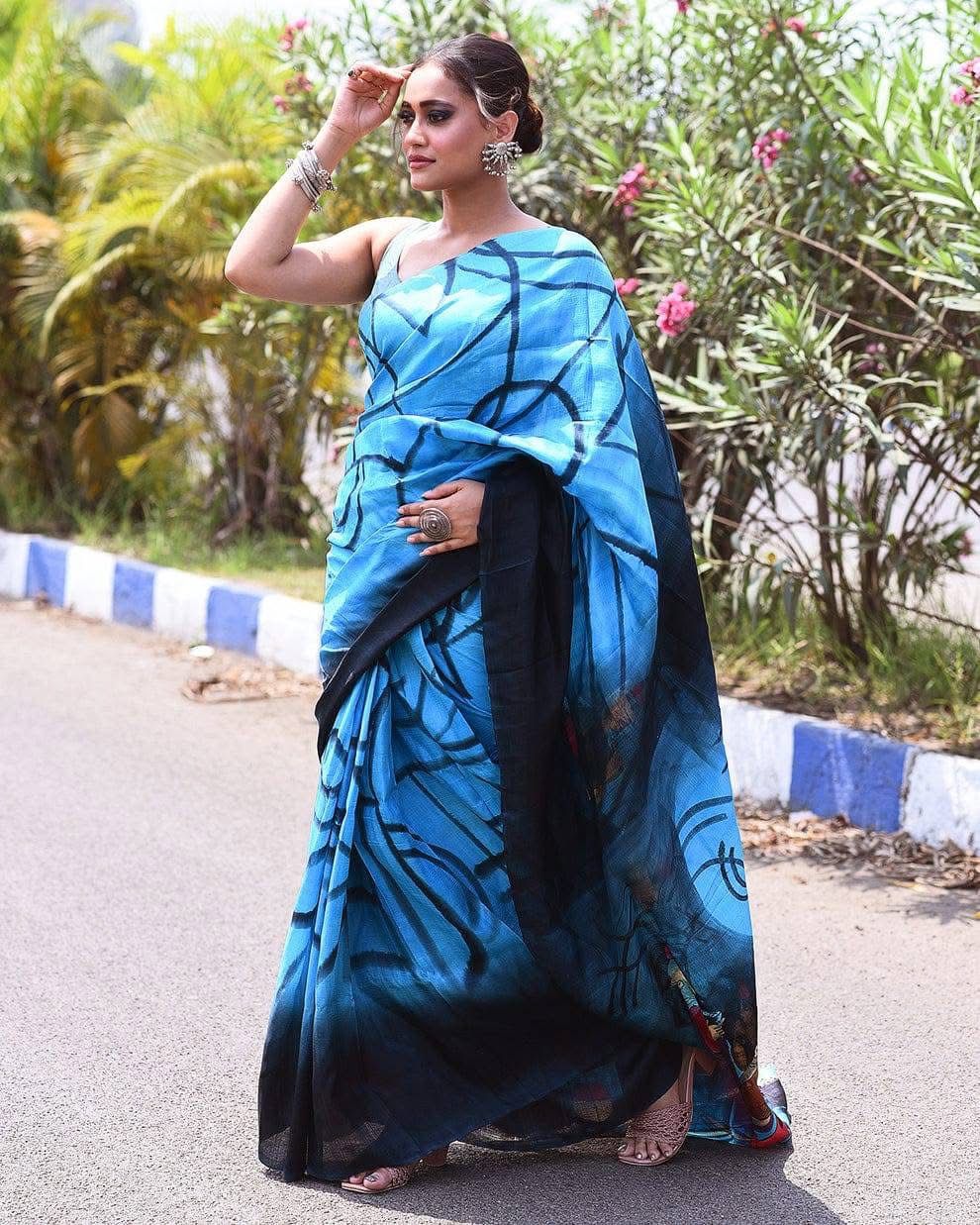 Cyan Pure Silk Saree With Intricate Handprint Design Traditional Look