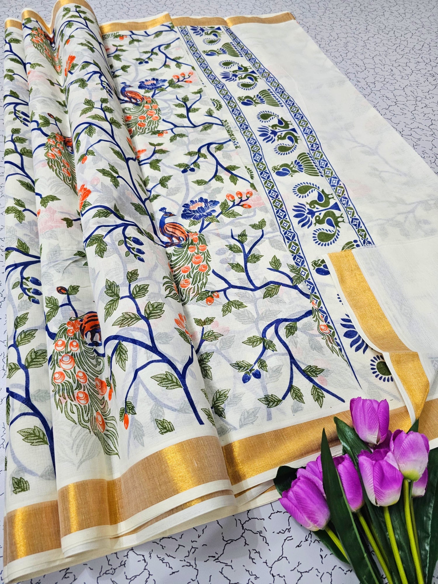 Minimalist Kerala Cotton Linen Saree In White With Subtle Prints And Blouse