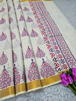 Soft Linen Cotton Kerala Saree With Traditional Print Includes Unstitched Blouse