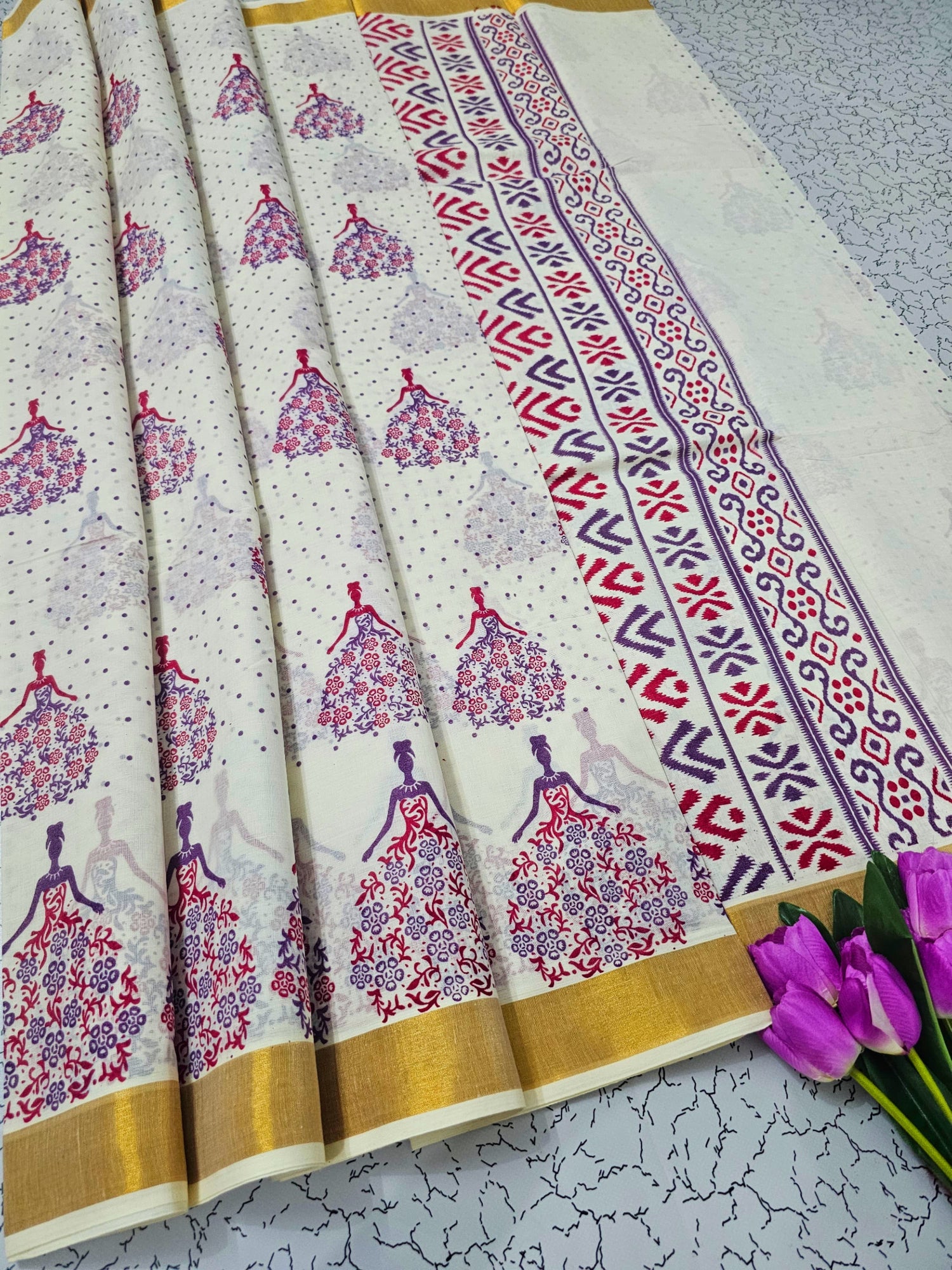 Soft Linen Cotton Kerala Saree With Traditional Print Includes Unstitched Blouse