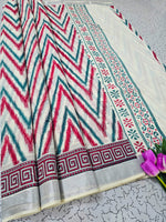 Printed Kerala Linen Cotton Saree In Off White With Unstitched Blouse Combo