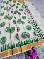 Festival Ready Kerala Linen Cotton Saree With All Over Print And Blouse Fabric