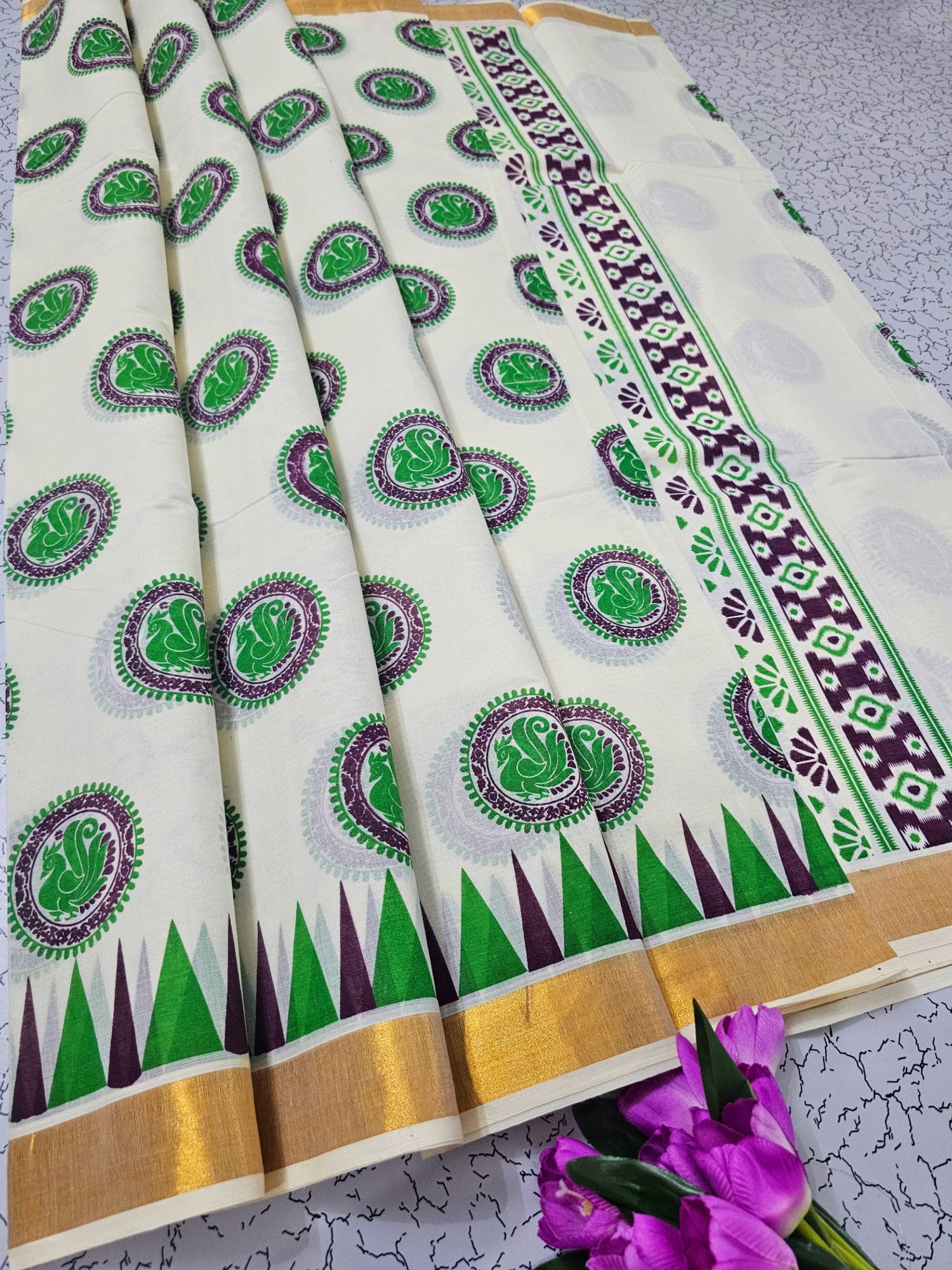 Festival Ready Kerala Linen Cotton Saree With All Over Print And Blouse Fabric