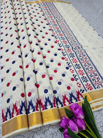 Handwoven Kerala Linen Cotton Saree In White With Printed Body And Blouse