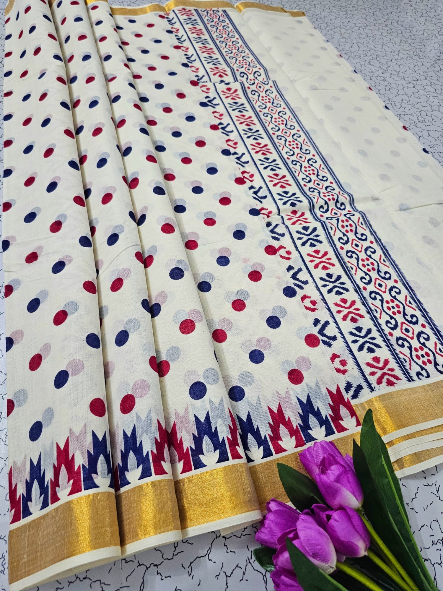 Handwoven Kerala Linen Cotton Saree In White With Printed Body And Blouse