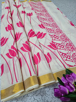 White And Pink Printed Kerala Saree In Linen Cotton Blend Traditional South Indian Style