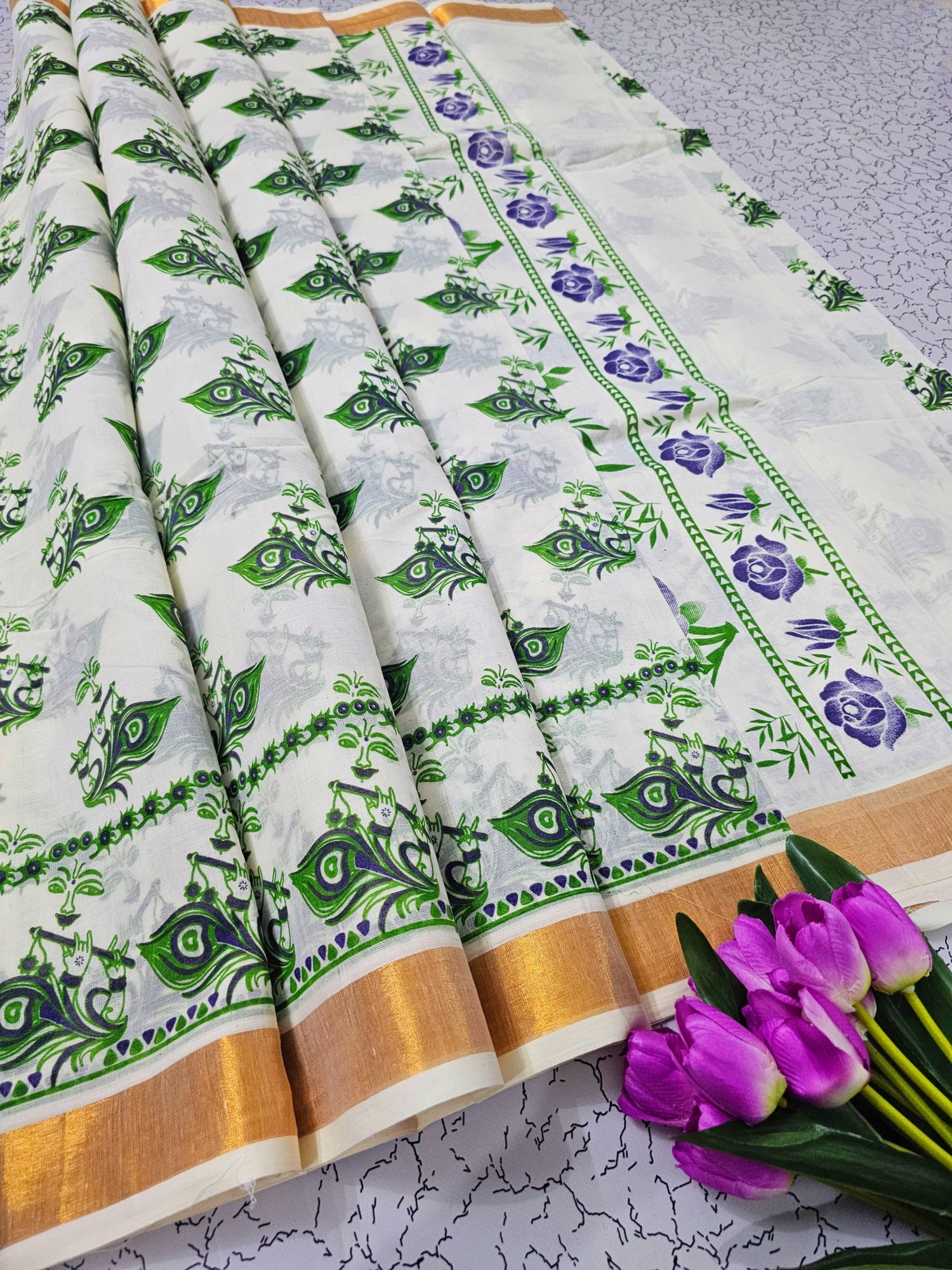Classic Southloom Kerala Cotton Blend Saree With Printed Design And Blouse Material