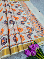 Graceful Kerala Linen Cotton Saree In White Printed Look With Blouse Piece