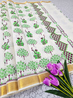 Kerala Style Printed Linen Cotton Saree In White With Matching Blouse Fabric