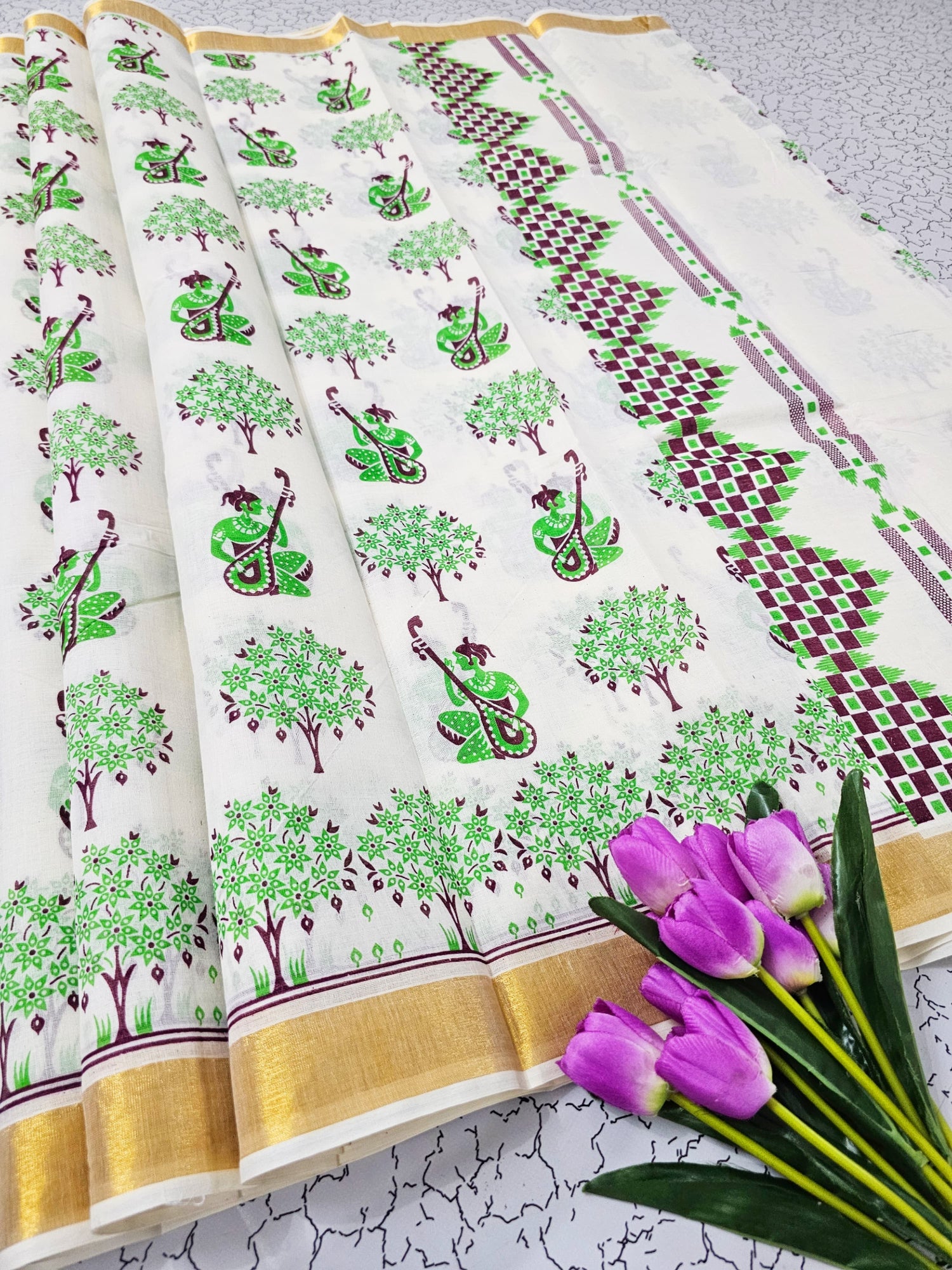 Kerala Style Printed Linen Cotton Saree In White With Matching Blouse Fabric