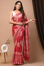 Charming Pure Linen Saree With Ethnic Prints And Designer Blouse Style