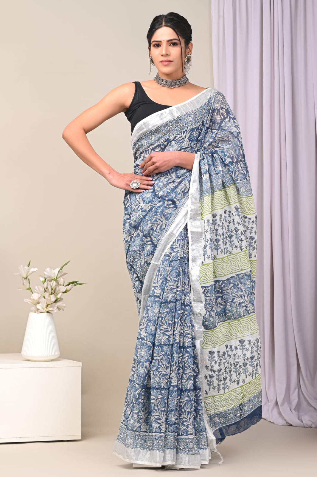 Special Edition Printed Pure Linen Saree With Coordinated Designer Blouse
