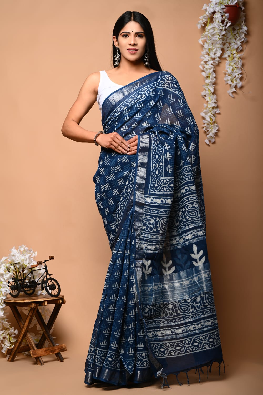 Signature Pure Linen Printed Saree Set With Fashion Designer Blouse For Celebrations