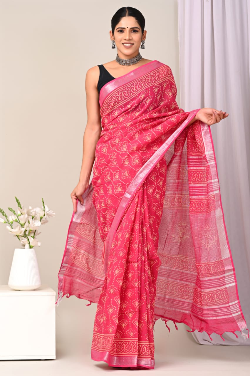 Alluring Linen Saree With Printed Finish Special Events Blouse Set Included