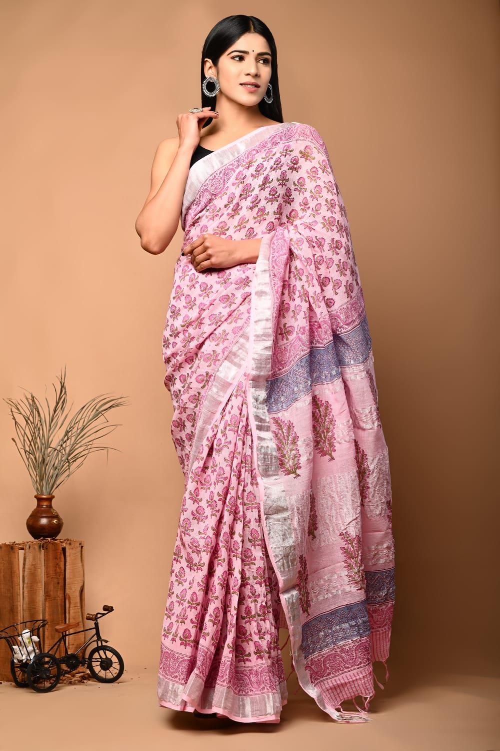 Ethnic Fashion Linen Saree With Printed Work And Designer Blouse Touch