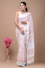 Printed Pure Linen Saree Set With Partywear Designer Blouse For Women
