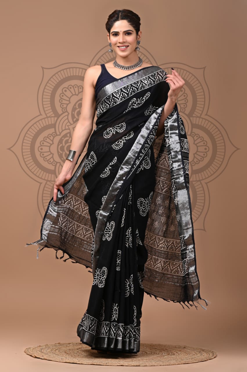 Celebration Perfect Printed Linen Saree With Exclusive Blouse Design