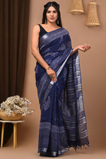 Occasion Ready Pure Linen Saree With Artful Prints And Fancy Blouse Material