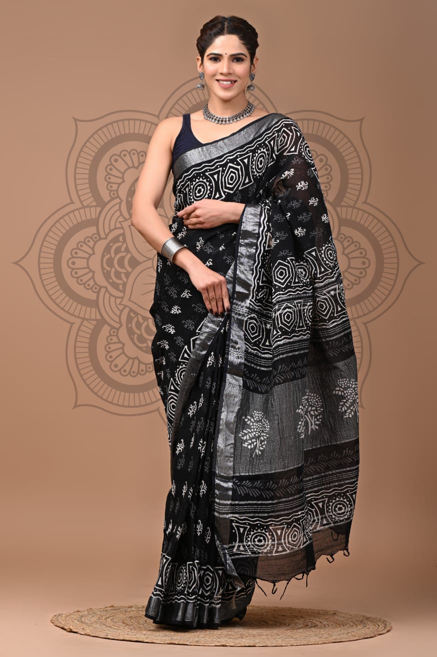 Occasion Ready Pure Linen Printed Saree With Trendy Blouse Combo