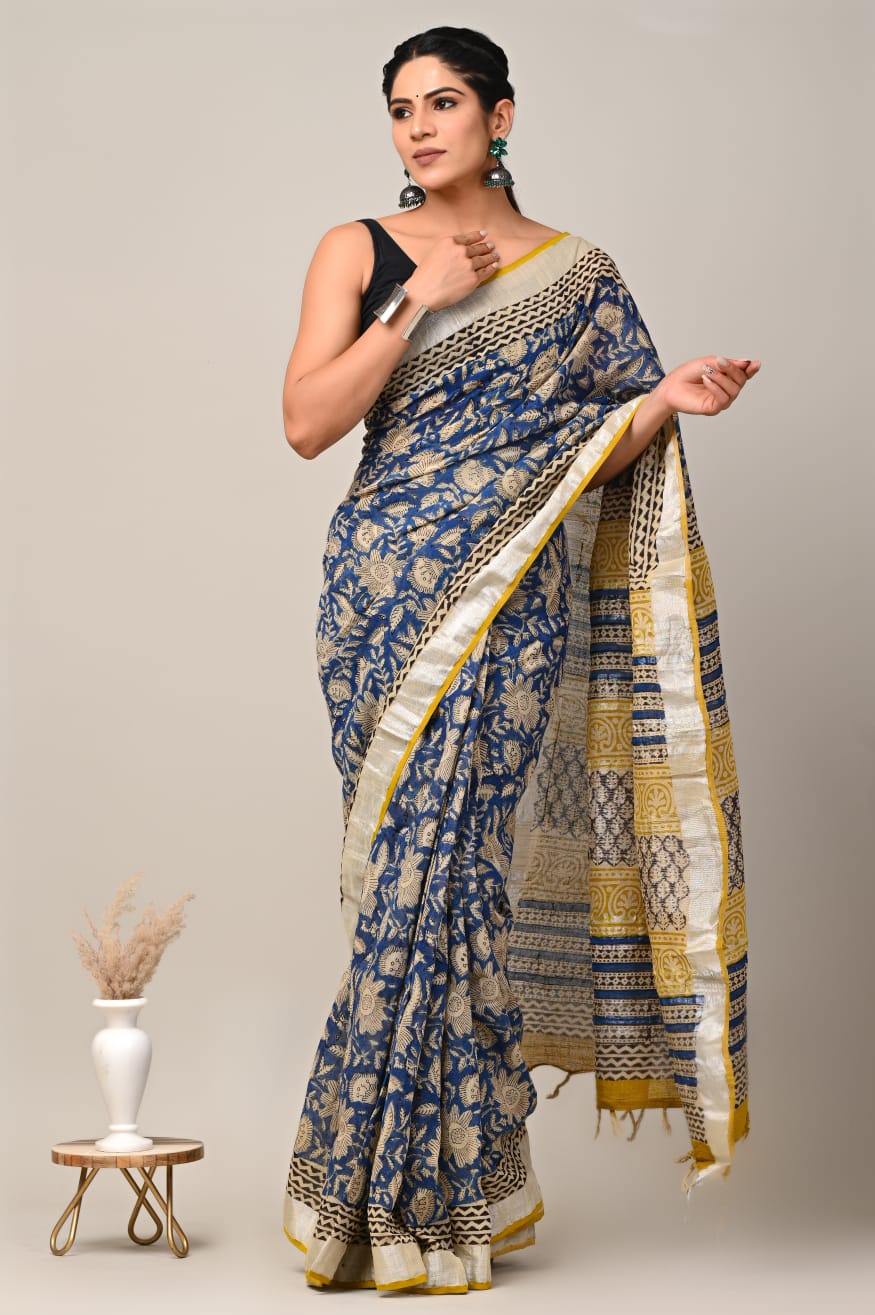 Bold Printed Pure Linen Saree For Weddings With Designer Blouse Element