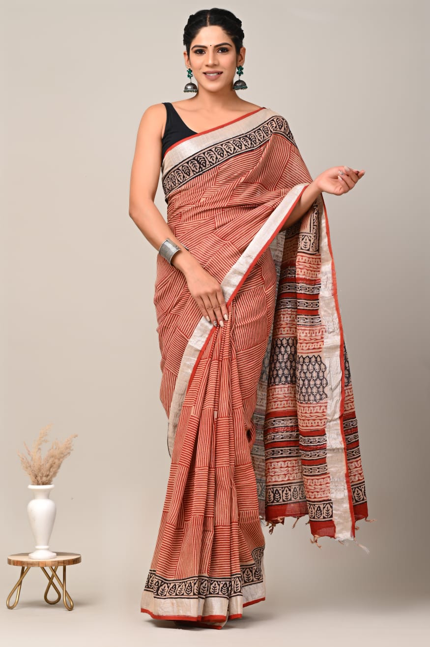 Vibrant Pure Linen Saree With Ethnic Print Festive Blouse Attached