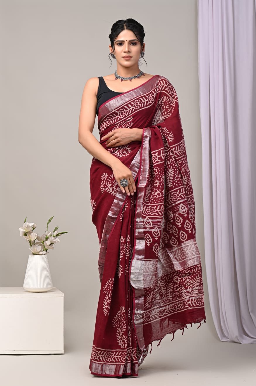 Pure Linen Printed Saree Set Perfect For Events, Parties And Functions